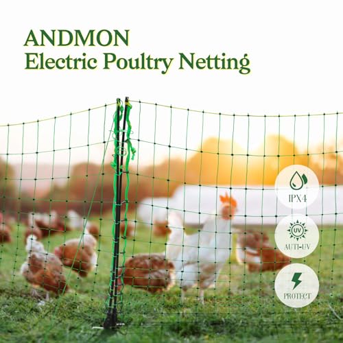 ANDMON Electric Poultry Netting, 48" x 164' Electric Fence Netting with Double Spiked Fiberglass Posts, Electric Chicken Fence for Poultry in Backyards, Homesteads, Farms and Ranches