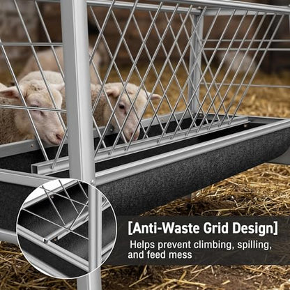 Livestock Trough, 2 in 1 Pasture Hay Dispenser 55 Gallon Livestock Trough with 22 Gallon Feeding Pan, Stainless Steel Goat Hay Holder for Goats Sheep Calves and Horses
