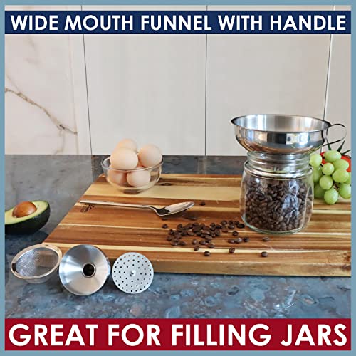 KEISSCO Stainless Steel 4-Piece Funnel and Strainer Set - Canning Funnel for Wide and Regular Mason Jars, Transferring Oils, Liquid, Fluid, Dry Ingredients & Powder, Wide & Narrow Mouth with Filter