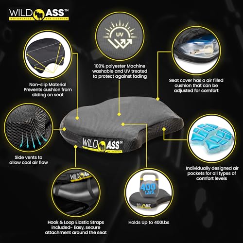 Wild Ass Smart Airgel - Motorcycle Seat Cushion, Ergonomic Universal Fitting Air Adjusting Pad with Straps - Ultimate Rider Comfort & Relief, Cool Flow Motorcycle Accessories for Long Rides - Black - style: Air Gel