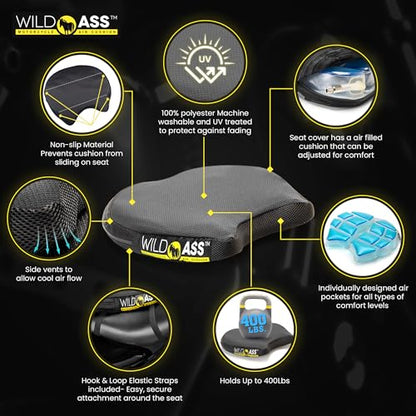 Wild Ass Smart Airgel - Motorcycle Seat Cushion, Ergonomic Universal Fitting Air Adjusting Pad with Straps - Ultimate Rider Comfort & Relief, Cool Flow Motorcycle Accessories for Long Rides - Black - style: Air Gel