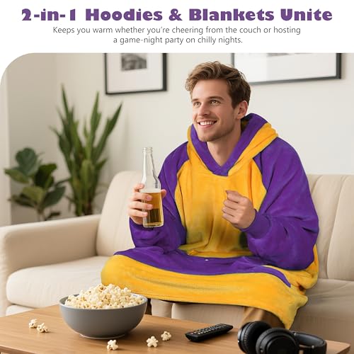 Catalonia Oversized Blanket Hoodie, Wearable Fleece Blanket Sweatshirt - color: Purple and Gold Sports