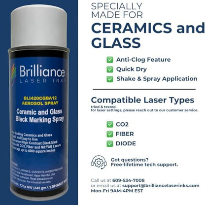 Brilliance Laser Inks Ceramic and Glass Black Marking Spray - 12oz Aerosol Marks on Ceramics and Glass. Aerosol for Fiber, YAG, Diode, and CO2 Laser Engraver Machine, BLI420 - color: 1 Pcs