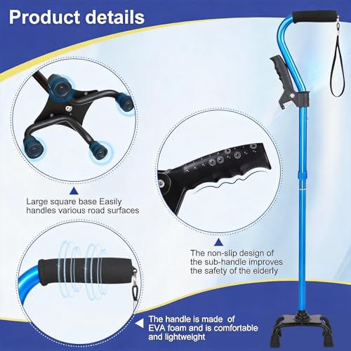 Stand Secure Cane with Stand Up Assist Handle for Elderly, 4 Prong Adjustable Walking Canes for Seniors Women and Men, Non-Slip Wide Base, Aluminum Foldable Stand Cane - color: Light Blue