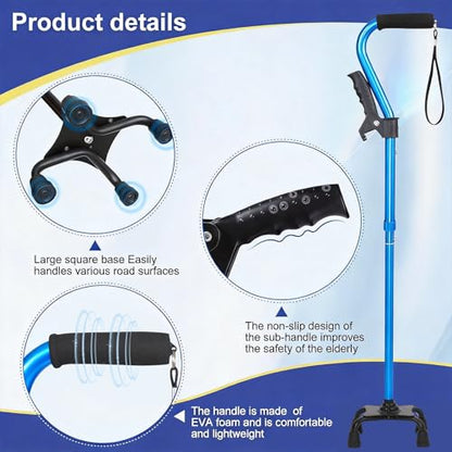 Stand Secure Cane with Stand Up Assist Handle for Elderly, 4 Prong Adjustable Walking Canes for Seniors Women and Men, Non-Slip Wide Base, Aluminum Foldable Stand Cane - color: Light Blue