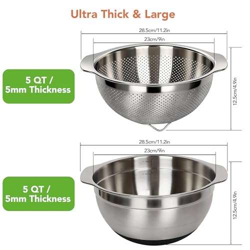 304 Stainless Steel Colander, 5 QT Large Capacity and 5QT Mixing Bowl, 2mm Micropore Strainer for Washing Rice, Fruit, and Veggies, Perfect Draining for Cooked Pasta - size: 5QT+5QT