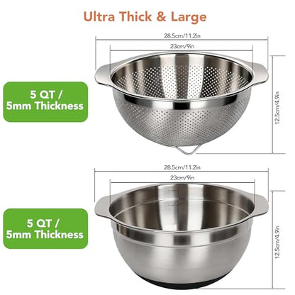 304 Stainless Steel Colander, 5 QT Large Capacity and 5QT Mixing Bowl, 2mm Micropore Strainer for Washing Rice, Fruit, and Veggies, Perfect Draining for Cooked Pasta - size: 5QT+5QT