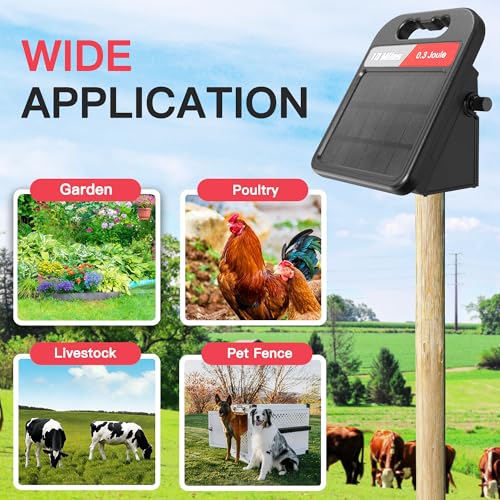 Solar Electric Fence Charger-0.3J-10 Miles, Maximum Output Voltage 10200V- Provide 24-Hour Uninterrupted Protection for Livestock and Yards with Rechargeable Solar Panel Black