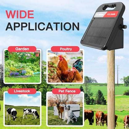 Solar Electric Fence Charger-0.3J-10 Miles, Maximum Output Voltage 10200V- Provide 24-Hour Uninterrupted Protection for Livestock and Yards with Rechargeable Solar Panel Black