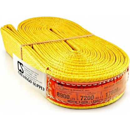 DD Sling 3 Inch x 25 Foot Nylon Lifting Sling – USA Made, 8,900 lb Vertical, 7,200 lb Choker, 17,800 lb Basket – 2-Ply Heavy Duty 900 Webbing, Type 3 Flat Eye & Eye Rigging Sling - size: 3"x25'