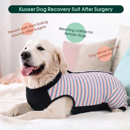 Kuoser Dog Recovery Suit with Anti Licking Rear Leg Sleeve, Purple M - color: Purple Stripes, size: Medium (Back Length: 34cm / 13.38")