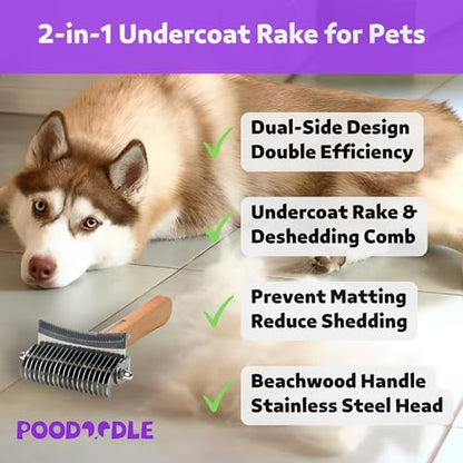 2 in 1 Undercoat Rake for Dogs and Cats, Professional Grooming Brush Dematting & Shedding Comb to Remove Loose Hair, Matted Fur Efficiently, Perfect for Poodle, Doodle & All Long Haired Pets - color: Wood