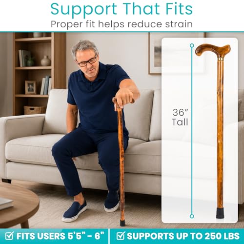 Vive Wooden Walking Stick Cane - for Men, Women, & Seniors - 36 Inch Single
