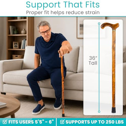 Vive Wooden Walking Stick Cane - for Men, Women, & Seniors - 36 Inch Single