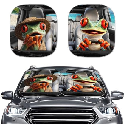 Car Front Windshield Sun Shade Cute Frog 2-Piece Foldable Car Windshield Sun Shade UV Rays and Keeps Vehicle Cool Easy to Install for Most Sedan Truck SUV - color: Cute Frog