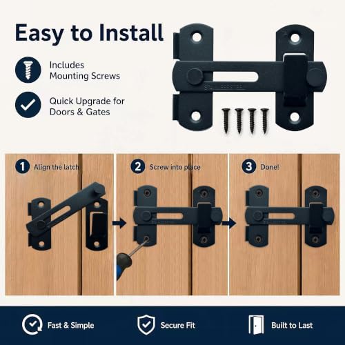 2 Pack 180° Flip Barn Door Latch, Matte Black Stainless Steel Gate Latch with Mounting Screws and 4 Spare Screws for Sliding Barn Doors, Fence Gates, Sheds, Cabinets and Windows