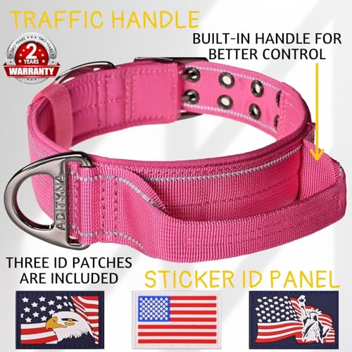 ADITYNA Heavy Duty Pink Dog Collar for Medium Dogs with Traffic Handle - color: Pink, size: Medium: Fit 15-19" Neck