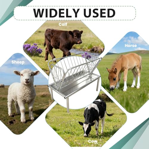 Heavy-Duty 95 Gallon Livestock Feeder, Galvanized Steel 2-in-1 Hay Rack and Feed Pan, Pasture Hay Feeder for Goats Horses Cows, Easy Assembly Farm Feeder