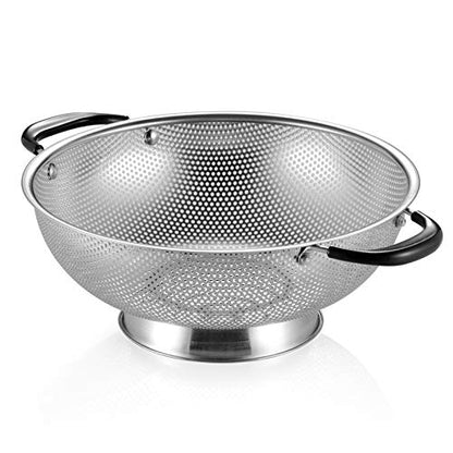 Tiawudi 18/8 Stainless Steel Colander, Easy Grip Micro-Perforated 5-Quart Colander, Strainer with Riveted and Heat Resistant Handles, BPA Free. Great for Pasta, Noodles, Vegetables and Fruits