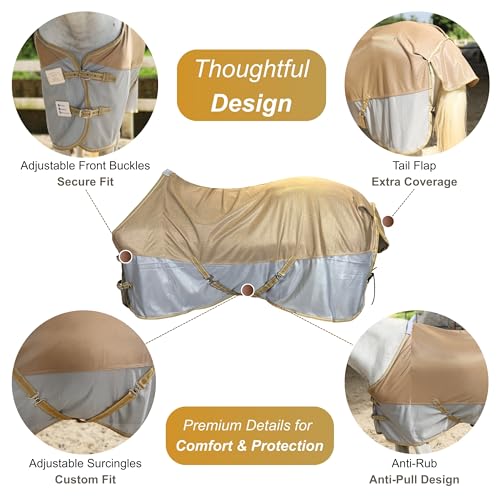 BARN & STABLE Breathable and UV Protective Tear-Resistant Mesh Horse Fly Sheet Comfy Equine Summer Sheet with Removable Web Leg Straps - color: Gold Silver, size: 69 in