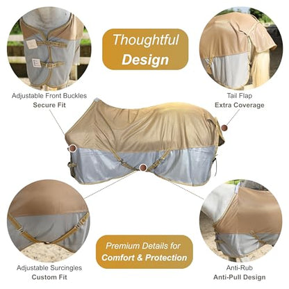 BARN & STABLE Breathable and UV Protective Tear-Resistant Mesh Horse Fly Sheet Comfy Equine Summer Sheet with Removable Web Leg Straps - color: Gold Silver, size: 78 in