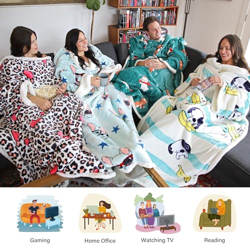 Catalonia Sherpa Wearable Blanket with Sleeves and Pocket for Adults - color: Banana Dog White, size: Standard Pocket