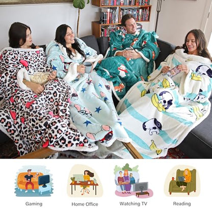 Catalonia Sherpa Wearable Blanket with Sleeves and Pocket for Adults - color: Banana Dog White, size: Standard Pocket