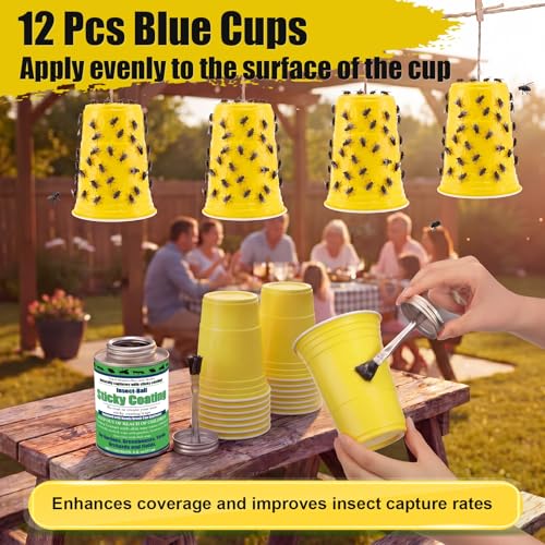 Sticky Coating Insect Trap, 8 Oz with Brush,Gnat Trap Kit | 12 Blue Plastic Cups, DIY Adhesive for Deer Flies Thrips Aphids, Reusable Barrier for Gardens Greenhouses Orchards - color: Yellow Cup