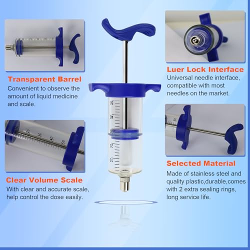 50ML Luer lock Tip Syringe with Clear Volume Scale Reusable Livestock Syringe for Cattle Horse Sheep Goat Pig Dog Cat - size: Standard