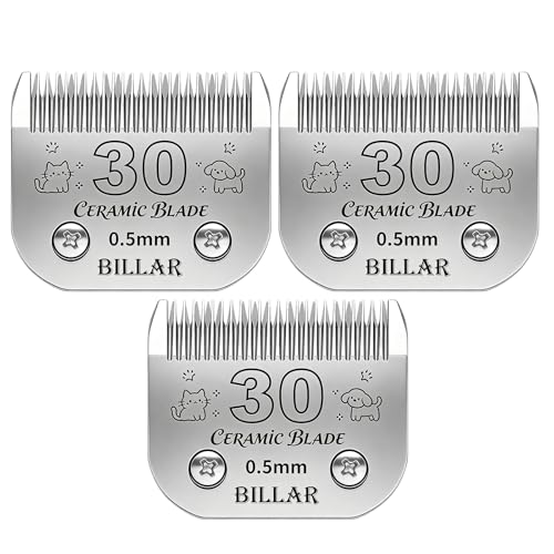 BILLAR® Detachable Pet Dog Clipper Blades, Compatible with Andis Size 30# Cut Length 1/50"(0.5mm),Most Oster A5,Wahl KM10 Series Clippers,Made of Ceramic Blade & Stainless Steel Blade（3PACK） - size: 30#-3PACK
