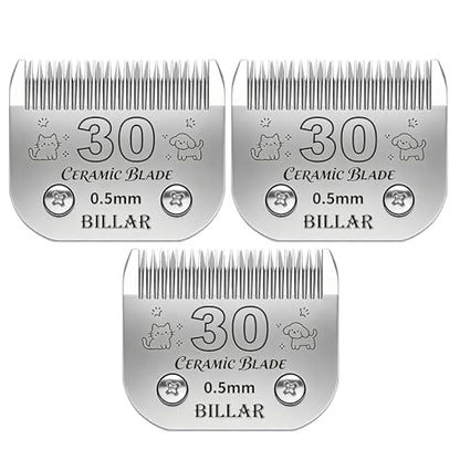 BILLAR® Detachable Pet Dog Clipper Blades, Compatible with Andis Size 30# Cut Length 1/50"(0.5mm),Most Oster A5,Wahl KM10 Series Clippers,Made of Ceramic Blade & Stainless Steel Blade（3PACK） - size: 30#-3PACK