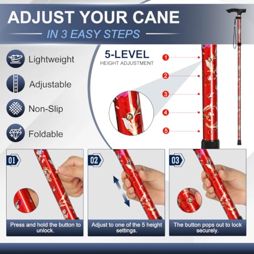 supregear Folding Cane, 5-Level Adjustable Height Walking Stick Lightweight Collapsible Portable Travel Cane with Wrist Strap and T Handle for Elderly Disabled Men Women - color: Red Floral