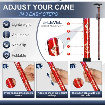 supregear Folding Cane, 5-Level Adjustable Height Walking Stick Lightweight Collapsible Portable Travel Cane with Wrist Strap and T Handle for Elderly Disabled Men Women - color: Red Floral