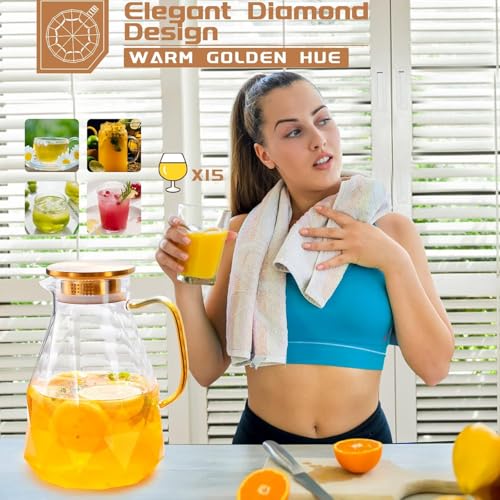 Glass Pitcher, 2.2 Liter Water Pitcher With Lid | Iced Tea Pitcher for Fridge,Carafe With Lid, Glass Water Jug For Juice, Milk, Cold Or Hot Beverages, 2.2 Liter-New - size: 74.7 Ounces