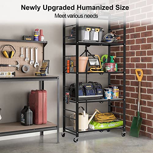 Himix 5-Tier Foldable Storage Shelves with 20 Hooks Wheels Kitchen Black - color: Black, size: 5-Tier