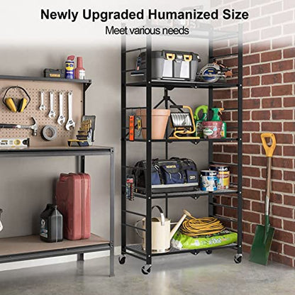 Himix 5-Tier Foldable Storage Shelves with 20 Hooks Wheels Kitchen Black - color: Black, size: 5-Tier