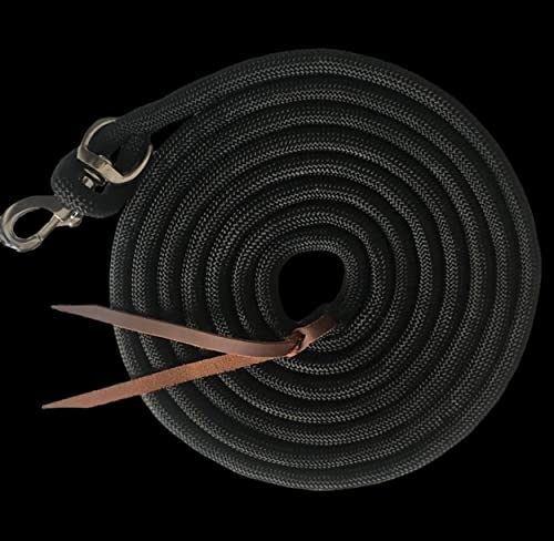 Majestic Ally 14' Pack of 2 Poly Training Lead Rope with Leather Popper for Horses & Livestock – 14 Foot Long and 5/8 inch Thick - Replaceable Heavy-Duty Bolt Snap (Black) - color: Black