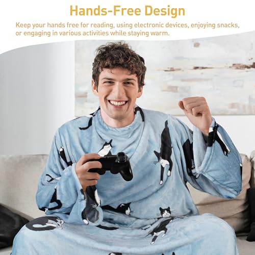 Catalonia Wearable Blanket with Sleeves & Foot Pocket for Adults - color: Wondercat Grey, size: Fleece