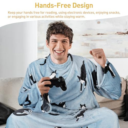 Catalonia Wearable Blanket with Sleeves & Foot Pocket for Adults - color: Wondercat Grey, size: Fleece