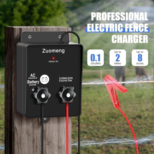 2-in-1 Electric Fence Energizer, Zuomeng 2-Mile 8 Acres Electric Fence Charger Powered by Battery or Power Adapter, 0.1 Joules, Protect Your Livestock Garden Pasture from Wildlife