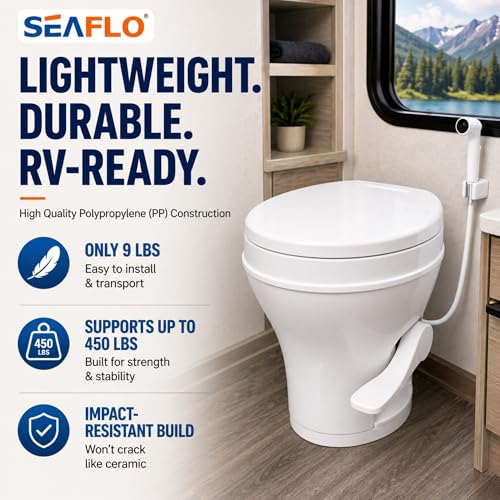 SEAFLO RV Toilet with Sprayer Attachment - White, 18.4” Residential Height, Gravity Flush Foot Pedal Camper Toilet Soft Close Seat Elongated Bowl Motorhome, 4-Year Warranty, SFRTPH-01-02 - color: White-Sprayer