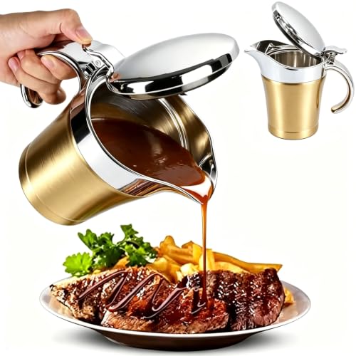 Double Insulated Gravy Boat - Stainless Steel Sauce Jug with Hinged Lid Hinged Lid Ideal for Gravy or Cream at Thanksgiving (450ML/16 OZ Gold plating) - color: 450ML/16 OZ Gold plating