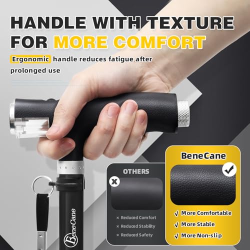 BeneCane Walking Cane for Women Folding Cane for Men with Two Led Lights Quad Cane with Stable Base Lightweight and Adjustable Walking Stick - color: Black