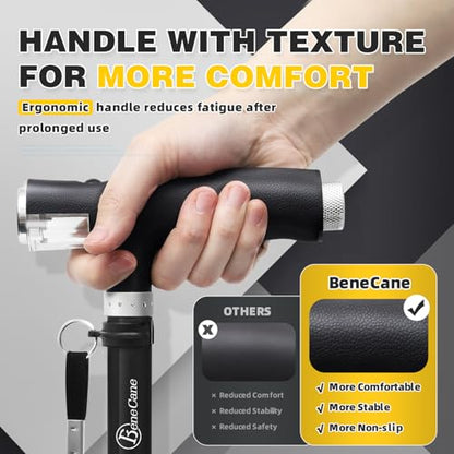 BeneCane Walking Cane for Women Folding Cane for Men with Two Led Lights Quad Cane with Stable Base Lightweight and Adjustable Walking Stick - color: Black