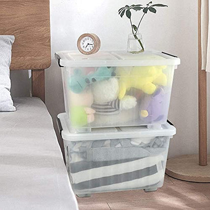 35 Quart Plastic Wheeled Storage Bin, 4 Pack Latching Storage Box | Clear Material, Stackable - size: 35 Quart