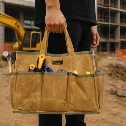 16OZ Waxed Canvas Tool Tote Bag | Large-Capacity Tool Storage Tote with 10 External Pockets | Multi-Purpose Garden Tool Carrier for Gardening, Wrench, and Carpentry Tools – Khaki - color: Khaki