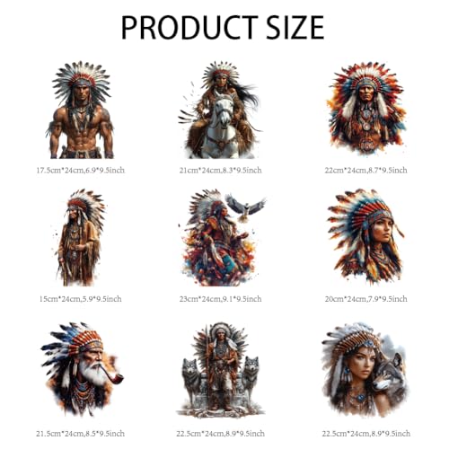 arricraft 9 Sheets Native American Theme Iron on Decals Patches, Indian Characters Legendary Chief Patterns Transfer Stickers PET Washable Patches for DIY Clothes Decor, 9.45 inch(24cm) Long - style: Native American Theme
