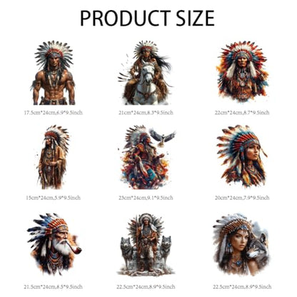 arricraft 9 Sheets Native American Theme Iron on Decals Patches, Indian Characters Legendary Chief Patterns Transfer Stickers PET Washable Patches for DIY Clothes Decor, 9.45 inch(24cm) Long - style: Native American Theme