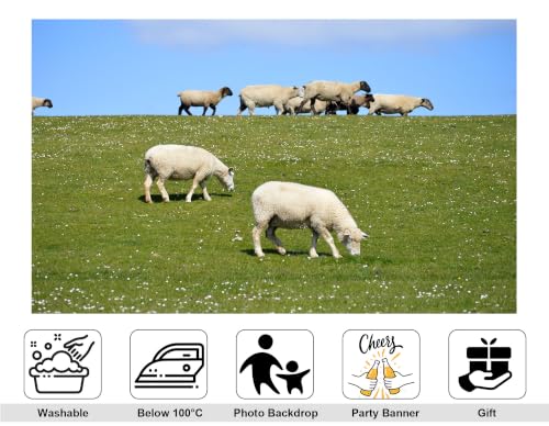 8x6ft Grass Sheep Pasture Backdrop White Wool Sheep Wild White Flower Bright Blue Cloud Sky Background Tapestry Party Farm Pasture Decorations Banner Photo Props - size: 8x6ft