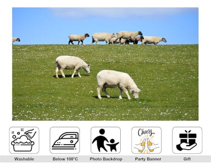 16x10ft Grass Sheep Pasture Backdrop White Wool Sheep Wild White Flower Bright Blue Cloud Sky Background Tapestry Party Farm Pasture Decorations Banner Photo Props - size: 16x10ft